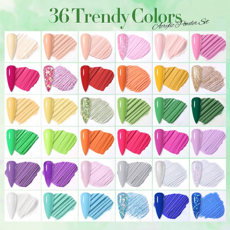 Born Pretty Acrylic Powder Set 36 Colors Spring Summer Acrylic Nail Powder Nude Pink Red Green Blue Purple Yellow Professional Polymer 3D Nail Art Kit for French Extension Carving Christmas Gift Set - Image 2
