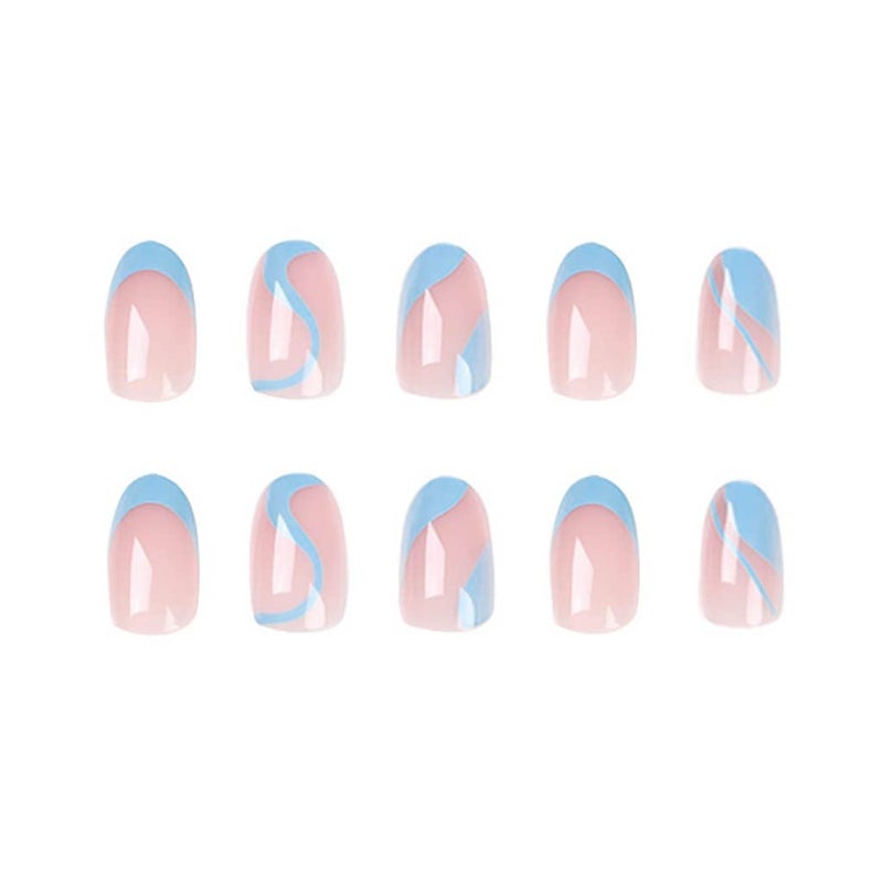 RikView French Tip Press on Nails Medium Fake Nails Blue Nails with Swirls Design Almond Acrylic Nails - Image 2