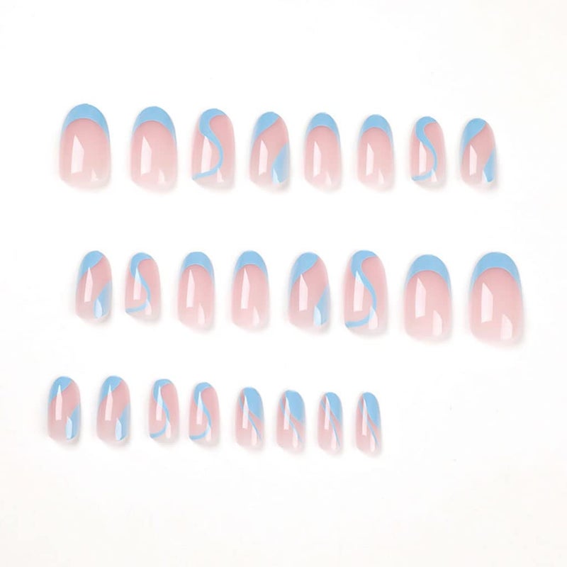 RikView French Tip Press on Nails Medium Fake Nails Blue Nails with Swirls Design Almond Acrylic Nails - Image 4