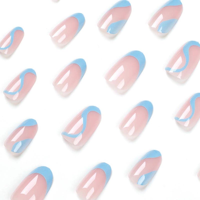 RikView French Tip Press on Nails Medium Fake Nails Blue Nails with Swirls Design Almond Acrylic Nails - Image 3