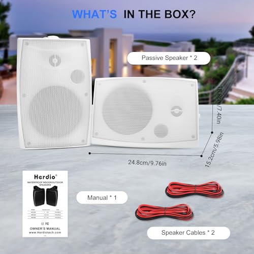 Herdio 5.25" Passive Outdoor Speakers Waterproof Wired, 300W Wall Mount Speakers with Superior Sound,Dual Swivel Brackets for Patio/Deck/Backyard (Pair, White) - Image 4