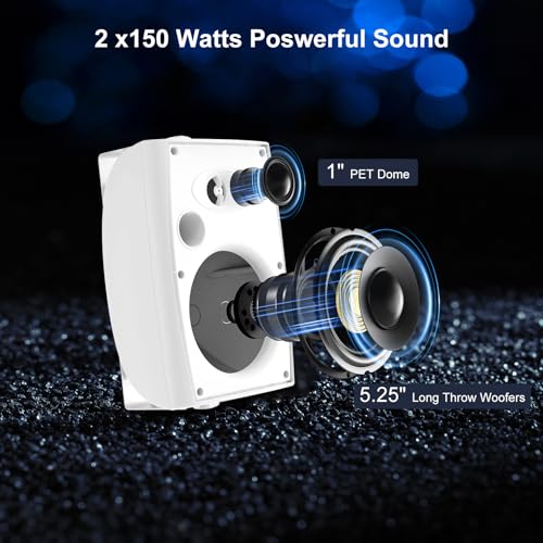 Herdio 5.25" Passive Outdoor Speakers Waterproof Wired, 300W Wall Mount Speakers with Superior Sound,Dual Swivel Brackets for Patio/Deck/Backyard (Pair, White) - Image 2
