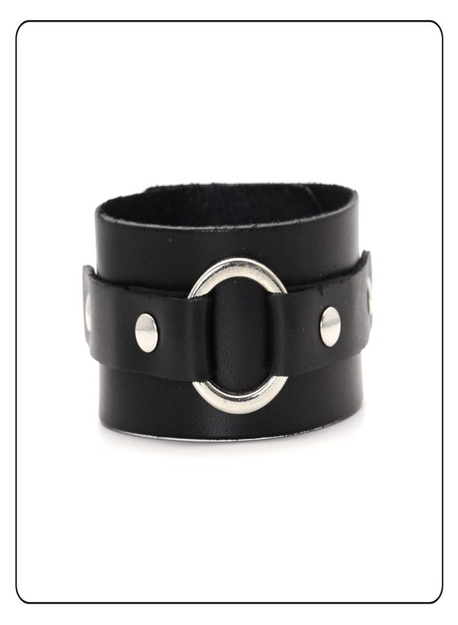 Fusamk Punk Rock Circle Pattern Wristband Wide Leather Cuff Bracelet(Black) - Image 2