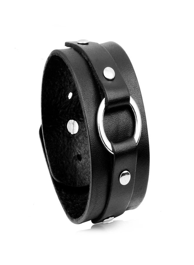 Fusamk Punk Rock Circle Pattern Wristband Wide Leather Cuff Bracelet(Black) - Image 1