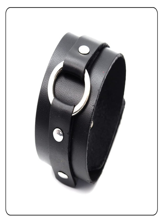 Fusamk Punk Rock Circle Pattern Wristband Wide Leather Cuff Bracelet(Black) - Image 5