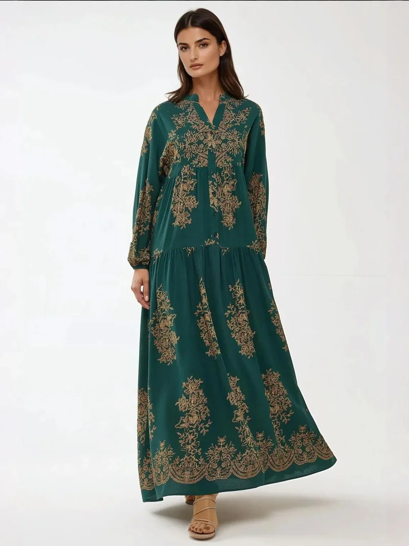 HICCUP Printed Long Sleeve Viscose Maxi Dress