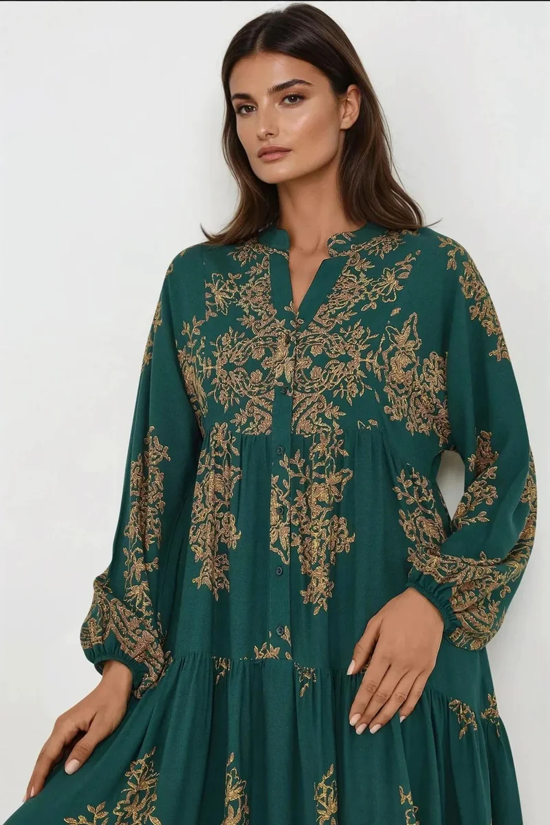 Hiccup Printed Long Sleeve Viscose Maxi Dress