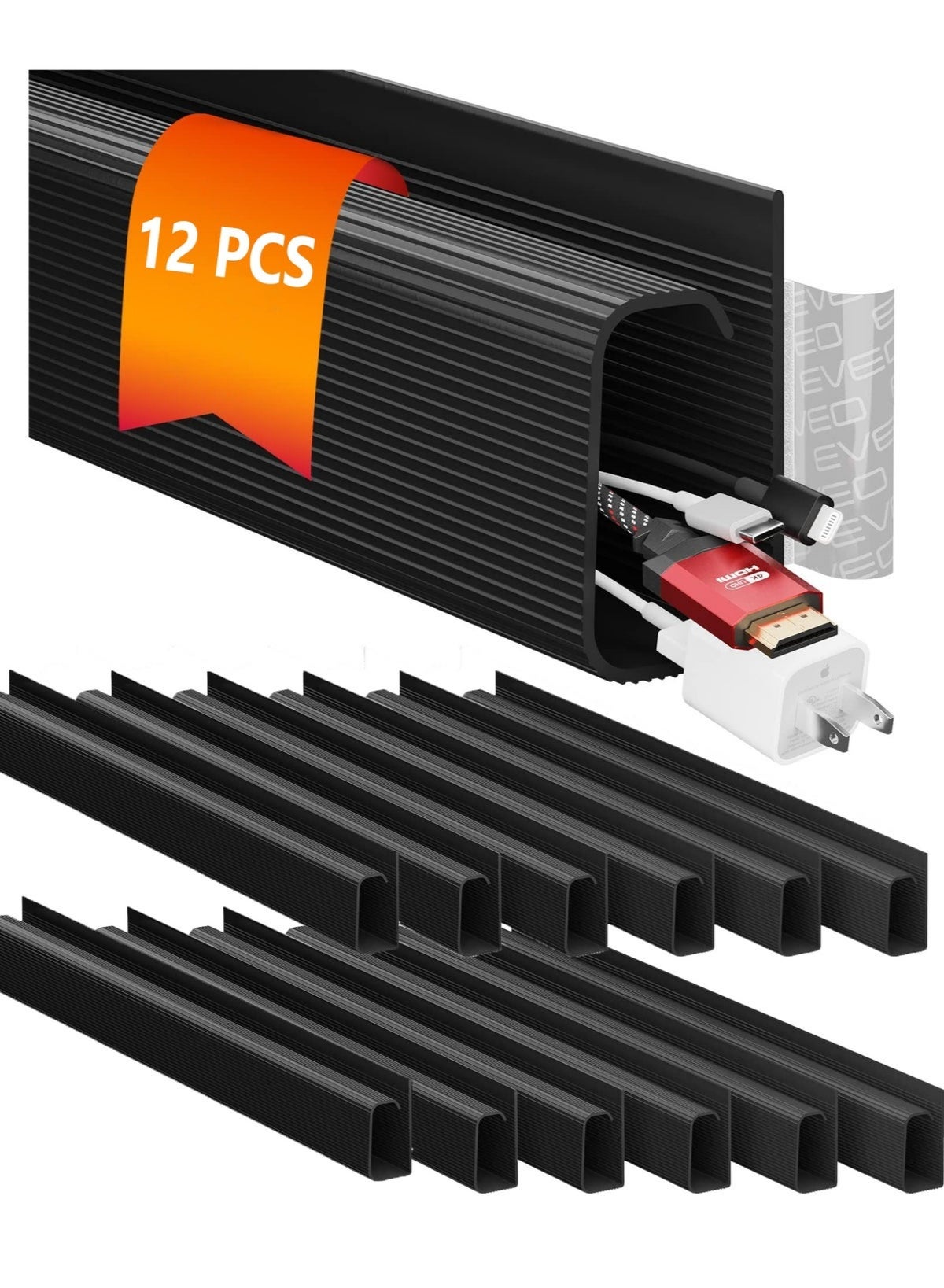 Arabest Cable Management Under Desk Kit (12 Units) - Under Desk Cable Management Cord Hider, Cable Hider Cord Management, Cable Organizer, Cord Organizer Tray - J Channel - Black