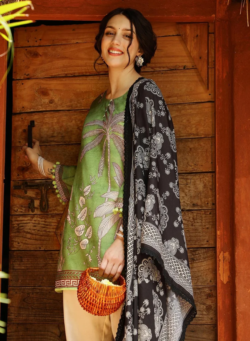 QISSA Qissa Women's Grass Green Palm Foliage Kurti With Trousers For Casual Wear | Round Neck | Quarter Sleeves | 3 Piece Kurta Set Designed With Comfort Fit For Everyday Ethnic Wear