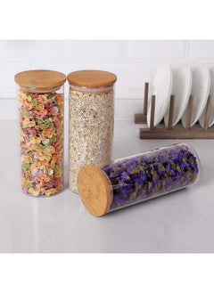 Mash 1000ml Round Glass Jar with Bamboo Lid, Kitchen Food Storage Containers Airtight Lids Cereals Canisters Jars for Pasta Spaghetti Tea Coffee Beans Candy Cookies Snacks Spice Multiuse  - Image 2