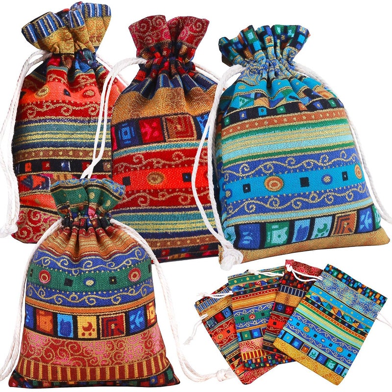 PINOWU Ethnic Style Drawstring Gift Bag 5x7 Cotton Reusable Pouches (12pcs) Jewelry Coin Storage Pouch Eco-Friendly Sachet Bags for Candy Wedding Party Valentine Favors - Image 5