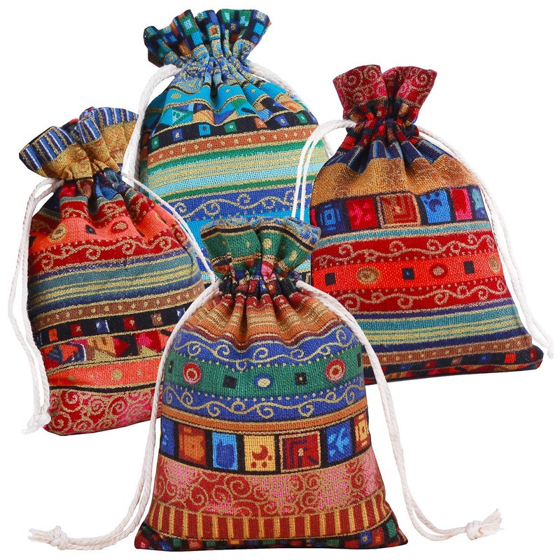 PINOWU Ethnic Style Drawstring Gift Bag 5x7 Cotton Reusable Pouches (12pcs) Jewelry Coin Storage Pouch Eco-Friendly Sachet Bags for Candy Wedding Party Valentine Favors - Image 1