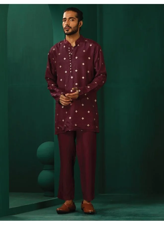 ترو برونز Men's Wine Diamond Viscose Silk Co-ord Set