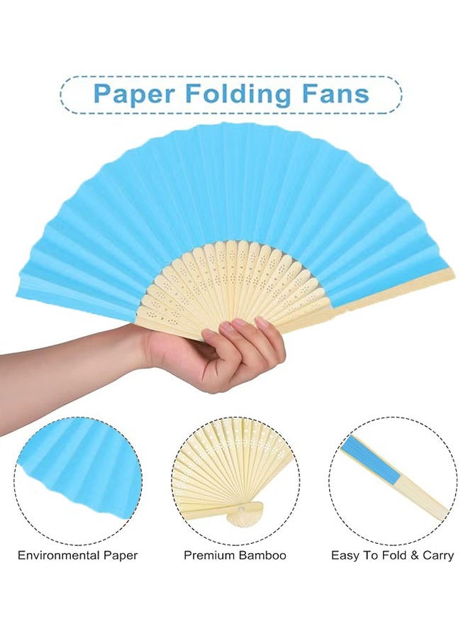 Ocean Paper Folding Fans, Chinese Bamboo Paper Pocket Fan, Vintage Handheld Fan, Handmade DIY Folding Fan for Wedding Gift, Party, DIY, Home Decoration, Blue  - Image 2