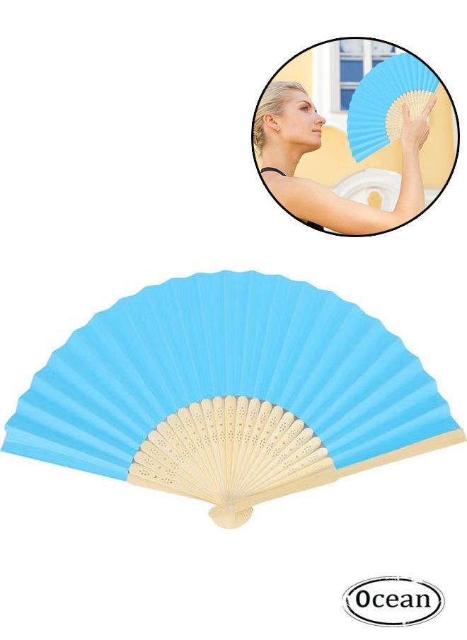 Ocean Paper Folding Fans, Chinese Bamboo Paper Pocket Fan, Vintage Handheld Fan, Handmade DIY Folding Fan for Wedding Gift, Party, DIY, Home Decoration, Blue  - Image 1