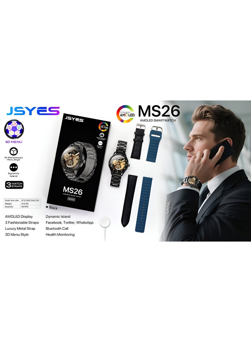 جيسي ساعة ذكية MS26 شاشة AMOLED مع 3 أزواج من الأسورة وتتبع اللياقة البدنية وشحن لاسلكي - Image 1