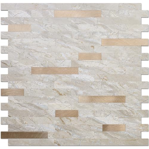 DICOFUN Peel and Stick Backsplash Tile, PVC Mixed Metal Stick on Backsplash Tiles for Kitchen and Bathroom (10, Light Brown & Metal Gold) - Image 1