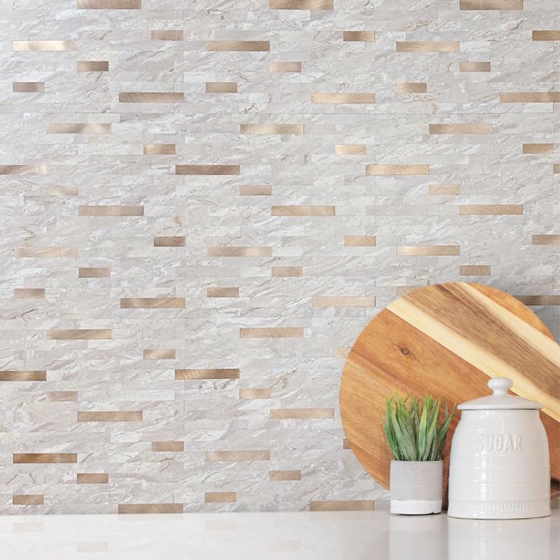 DICOFUN Peel and Stick Backsplash Tile, PVC Mixed Metal Stick on Backsplash Tiles for Kitchen and Bathroom (10, Light Brown & Metal Gold) - Image 2