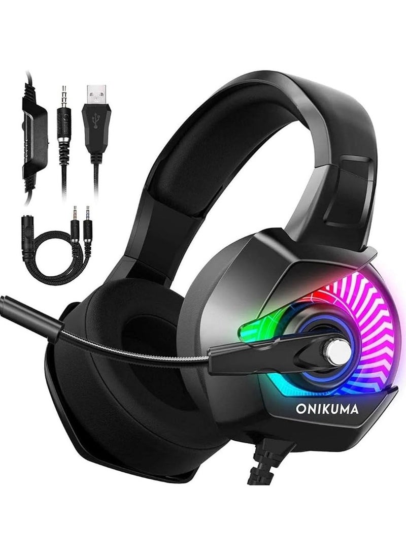 أونيكوما سماعة رأس Onikuma K6 RGB للألعاب بخاصية إلغاء الضوضاء، وأغطية أذن ناعمة للتنفس، لأجهزة PS4، وأجهزة الكمبيوتر، وXbox، وNintendo Switch - أسود - Image 1