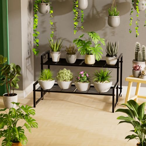 Garden 4 you 2 Tier Metal Plant Stand Outdoor Indoor Waterproof, Stackable Heavy Duty Tall Plant Shelf Flower Pot Holder for Garden, Display Rack, Black - Image 2