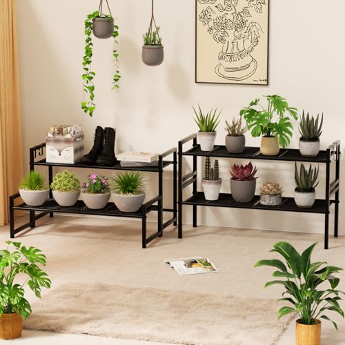 Garden 4 you 2 Tier Metal Plant Stand Outdoor Indoor Waterproof, Stackable Heavy Duty Tall Plant Shelf Flower Pot Holder for Garden, Display Rack, Black - Image 5