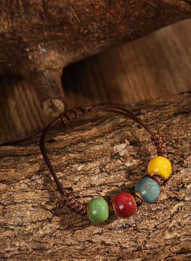 MINACHI Bohemian Colorful Ceramic Bead Adjustable Leather Bracelet, Boho Hippie Summer Jewelry Gift for Women (2) - Image 3