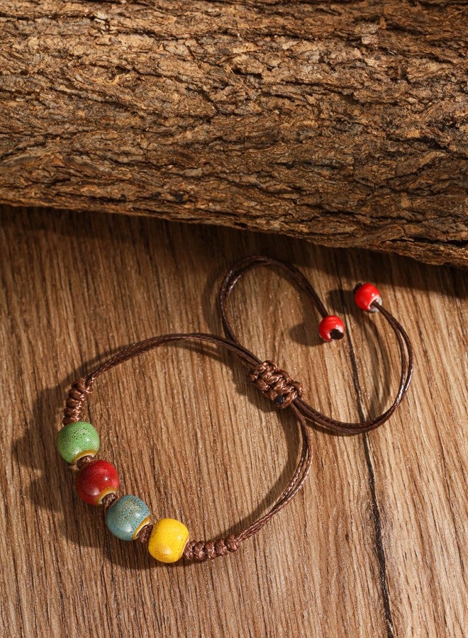 MINACHI Bohemian Colorful Ceramic Bead Adjustable Leather Bracelet, Boho Hippie Summer Jewelry Gift for Women (2) - Image 2