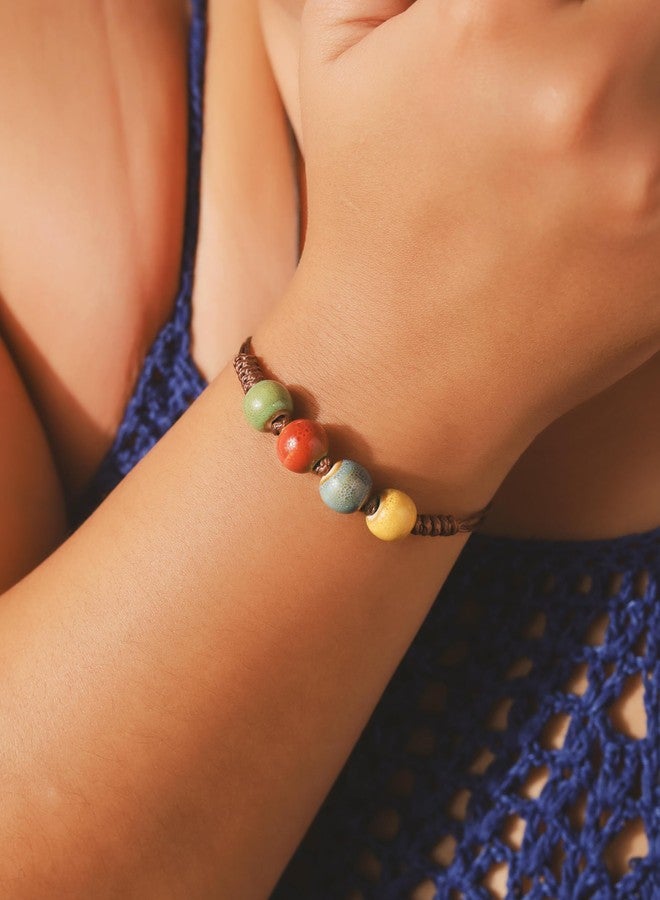 MINACHI Bohemian Colorful Ceramic Bead Adjustable Leather Bracelet, Boho Hippie Summer Jewelry Gift for Women (2) - Image 5