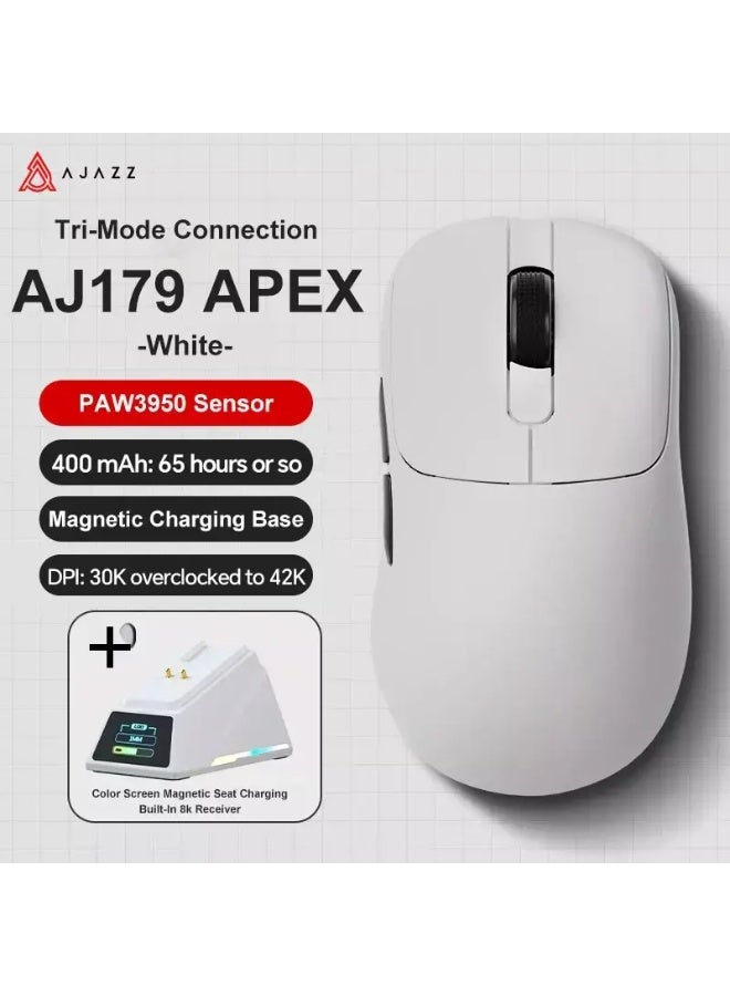 إيه جاز ماوس ألعاب إيجاز AJ179 APEX بدقة 8K مع قاعدة شحن مغناطيسية RGB تدعم تقنية بلوتوث/2.4 جيجا هرتز/USB-C خفيفة الوزن (58 جرام) مزودة بمستشعر بصري PAW3950 بدقة 30 ألف، تصميم مريح لأجهزة ماك/ويندوز (أبيض) - Image 3