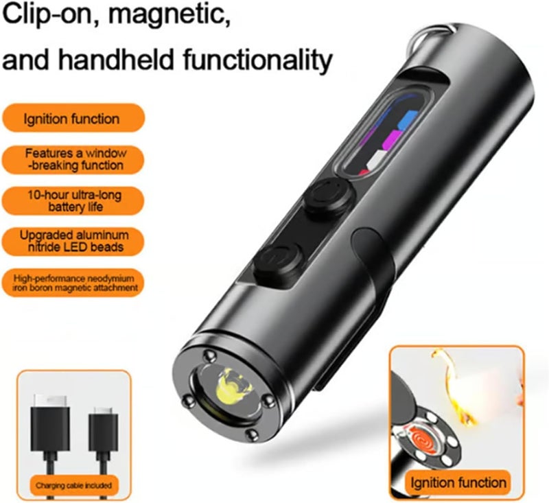 Pocket Rechargeable EDC Flashlight: 500 Lumens Mini Keychain Light with Fire Starter & Window Breaker, 3 Color Sidelights, for Camping, Everyday Carry (Black) - Image 1