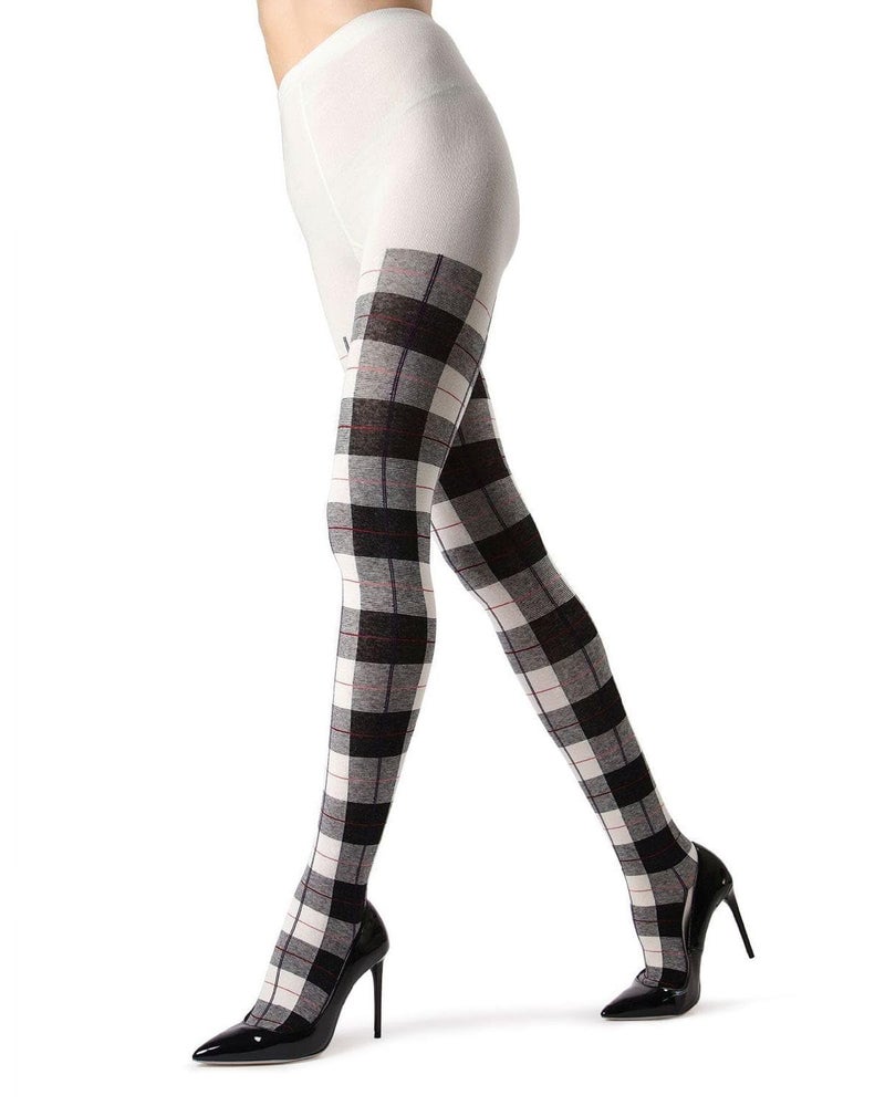 MeMoi Glasgow Plaid Cotton Tights for Women, Cozy, Warm and Fashionable Patterned Sweater Tights - Sizes Small to 6X, Winter White, M/L - Image 1