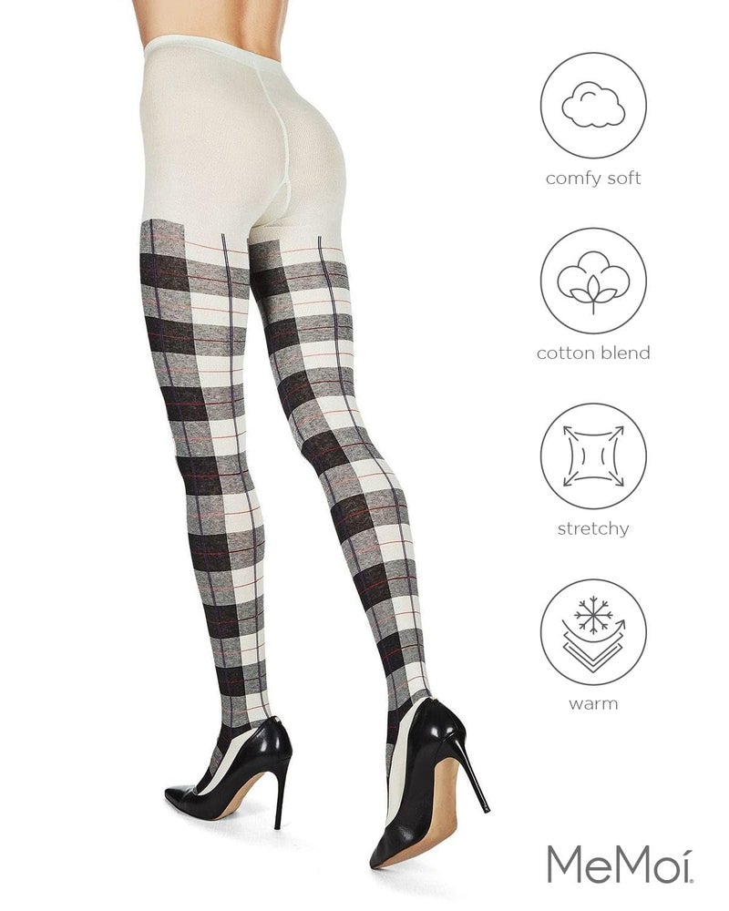 MeMoi Glasgow Plaid Cotton Tights for Women, Cozy, Warm and Fashionable Patterned Sweater Tights - Sizes Small to 6X, Winter White, M/L - Image 5