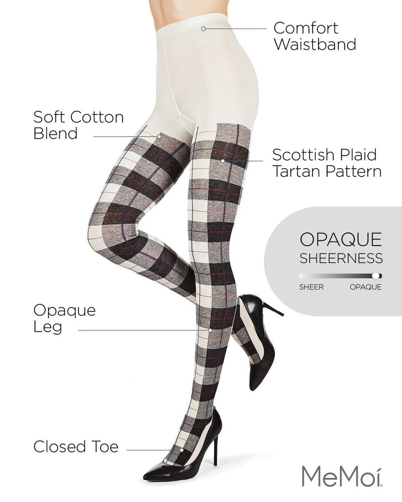 MeMoi Glasgow Plaid Cotton Tights for Women, Cozy, Warm and Fashionable Patterned Sweater Tights - Sizes Small to 6X, Winter White, M/L - Image 3