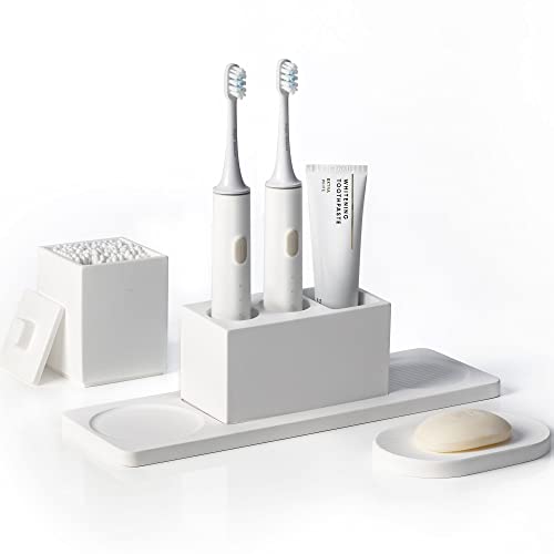 AUSAULAC Ceramic Toothbrush Holders for Bathrooms, White Bathroom Accessories Diatomite, Electric Toothbrush Holder Countertop with Toothbrush Holders, Soap Dish Set - Image 1