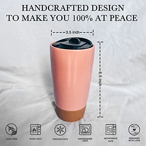 Mora Double Wall Ceramic Coffee Travel Mug with Lid, 14 oz, Portable, Microwave, Dishwasher Safe, Insulated Reusable Tall Cup, Splash Resistant Lid - To Go Tumbler for Car Cup Holder, Pink Salt - Image 2