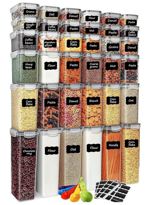 Airtight Food Storage Containers,36 Pack Cereal & Dry Food Storage Containers,BPA-Free,Stackable Boxes Containers for Kitchen,Clear Plastic Kitchen and Pantry Organization Set,Plastic Kitchen Storage Organizer for Sugar, Snack, Baking Supplies,Including Labels,Marker Pen and Spoon(6 Sizes)