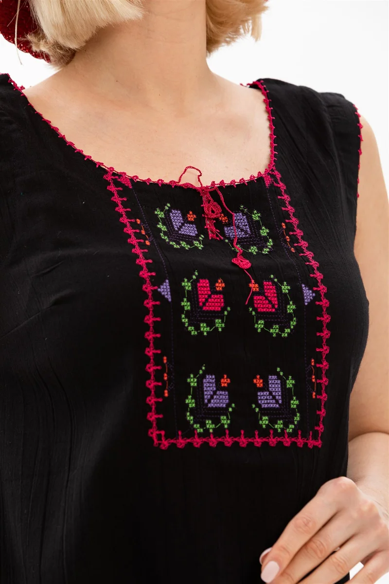 Eliş Şile Bezi Sleeveless Sile Cloth Embroidered Singlet Black Syh