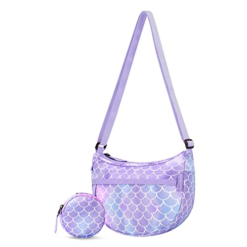 Choco Mocha Girls Purse, Kids Purse for Girls 4-6 6-8 8-10 10-12 Girl Pocketbooks Crossbody Purses with Matching Coin Wallet, Mermaid Purple - Image 1