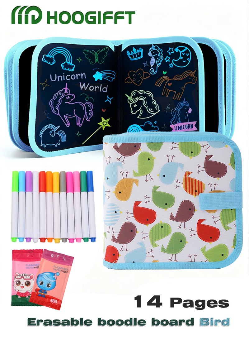 HOOGIFFT Erasable Doodle Board, 14 Pages Painting Toys for 3+ Year Old Boys Girls, Drawing Pad for Toddlers Birthday Gifts, With 12 Coloring Pens (Blue Bird) - Image 1