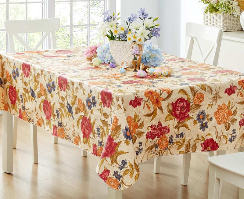 Newbridge Nicolette Multicolor Floral Vinyl Flannel Backed Tablecloth Traditional Tapestry Flower Design Easy Care Wipe Clean Indoor Outdoor Table Cover 52 x 52 Inch Square