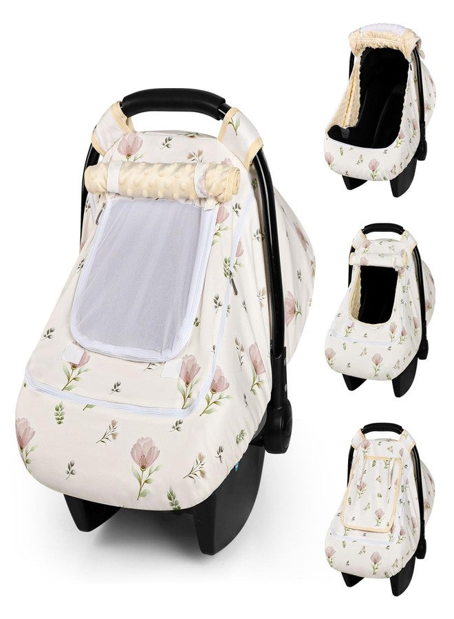 SWESEN Car Seat Cover Baby, Summer Carseat Covers Baby Girl, Easy Access carseat Canopy Snug Fit Baby Stroller, Dual-Layer Protection, Cooling Mesh & Roll-Up Sun Shade, Floral - Image 1
