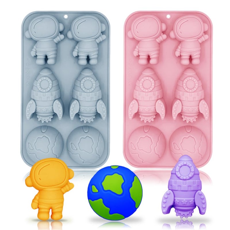 2 Pack Astronaut Silicone Molds Rocket Planet Silicone Mold 6 Cavity Space Themed Baking Mould Tray DIY Tool for Baby Shower Birthday Party Chocolate Cake Mousse Pastry Soap Crayons Cupcake Topper
