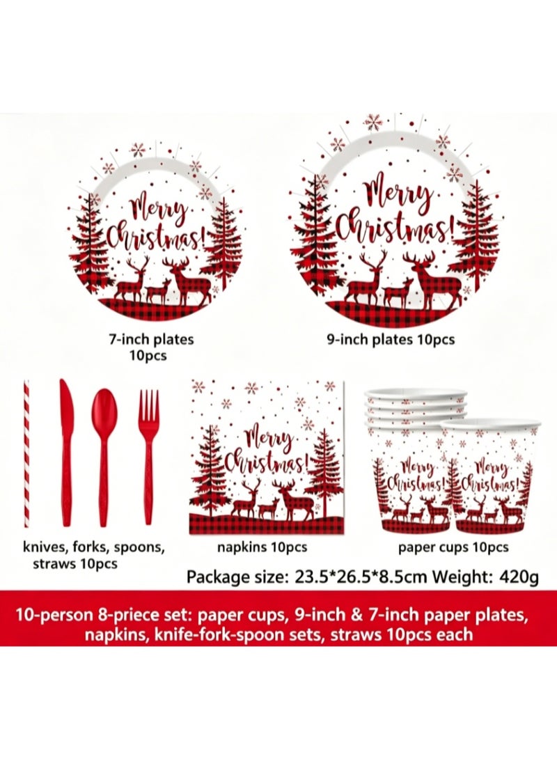 Christmas Disposable Party Tableware Set for 10 Guests, Santa Theme Plates Cups Napkins Cutlery Straws - Image 1