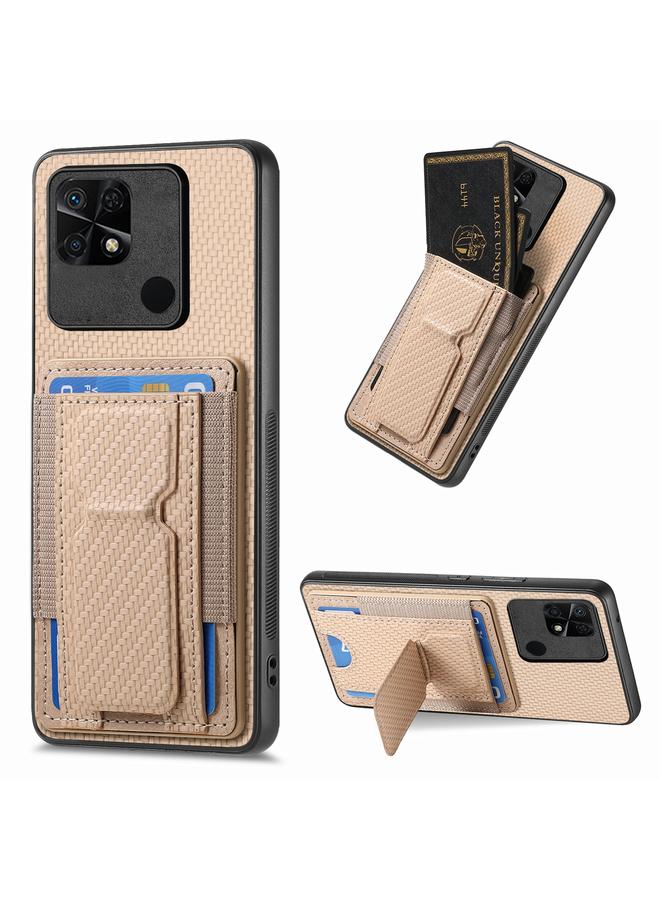 Green Tiger For Xiaomi Redmi 10C Carbon Fiber Fold Stand Elastic Card Bag Phone Case(Khaki)