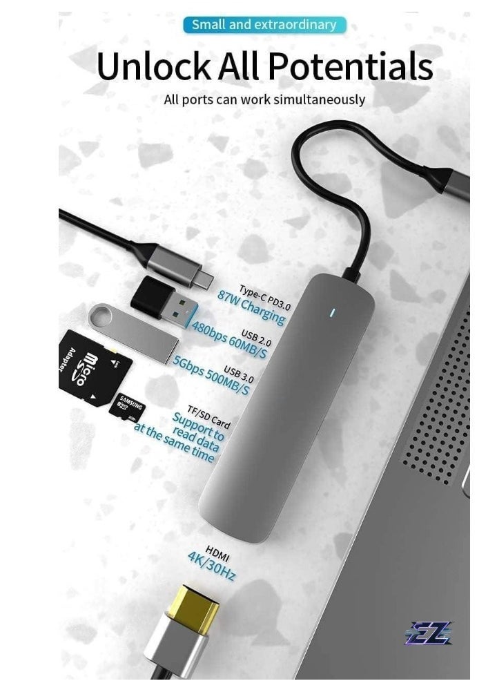 ELTRAZONE - USB C Hub 6-in-1 Type C to HDMI 4K Adapter with 2 USB 3.0 Ports, SD/TF Card Reader, 100W USB-C Power Delivery, Aluminium, Compatible with MacBook Pro/Air, XPS, Laptops, Tablets, Smartphones - Space Grey - Image 1