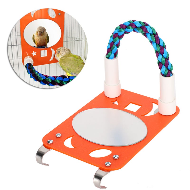 Parrot Biting Chewing Toy Cotton Rope Stand with Large Plastic Mirror Oval Orange - Image 3