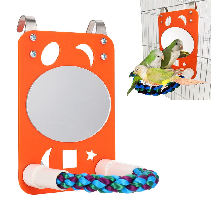 Parrot Biting Chewing Toy Cotton Rope Stand with Large Plastic Mirror Oval Orange - Image 5
