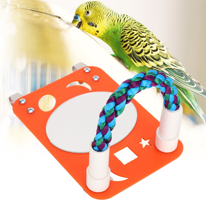 Parrot Biting Chewing Toy Cotton Rope Stand with Large Plastic Mirror Oval Orange - Image 2