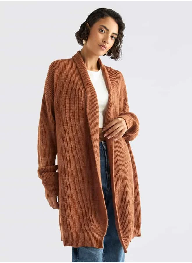 فاف Textured Open Front Cardigan with Long Sleeves