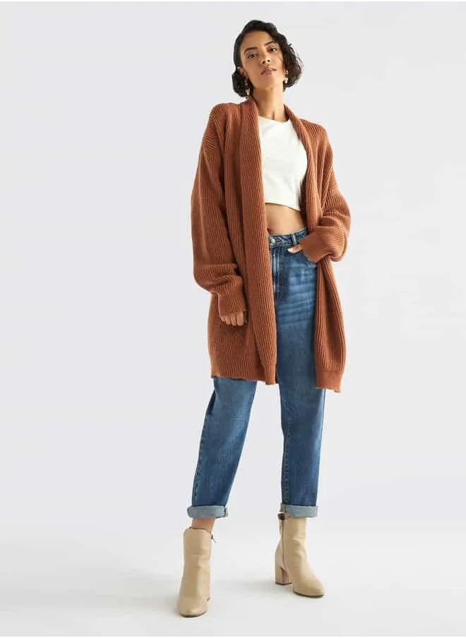 فاف Textured Open Front Cardigan with Long Sleeves